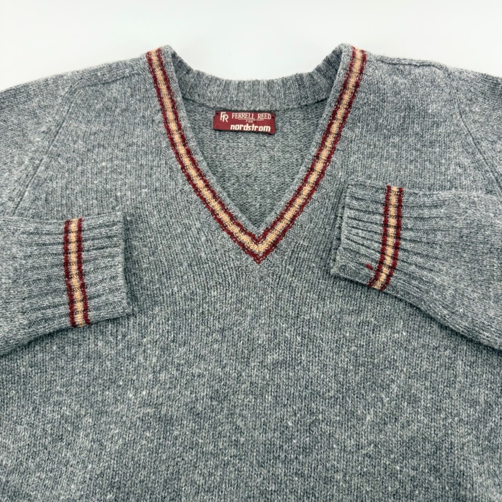 VTG Ferrell Reed Nordstrom Scottish Lambs Wool V-Neck Sweater Stripe Gray Men 36